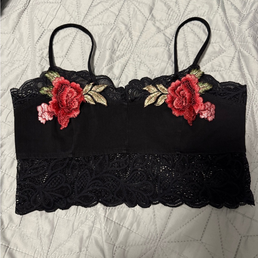 Tube Top with Red Floral Embroidery